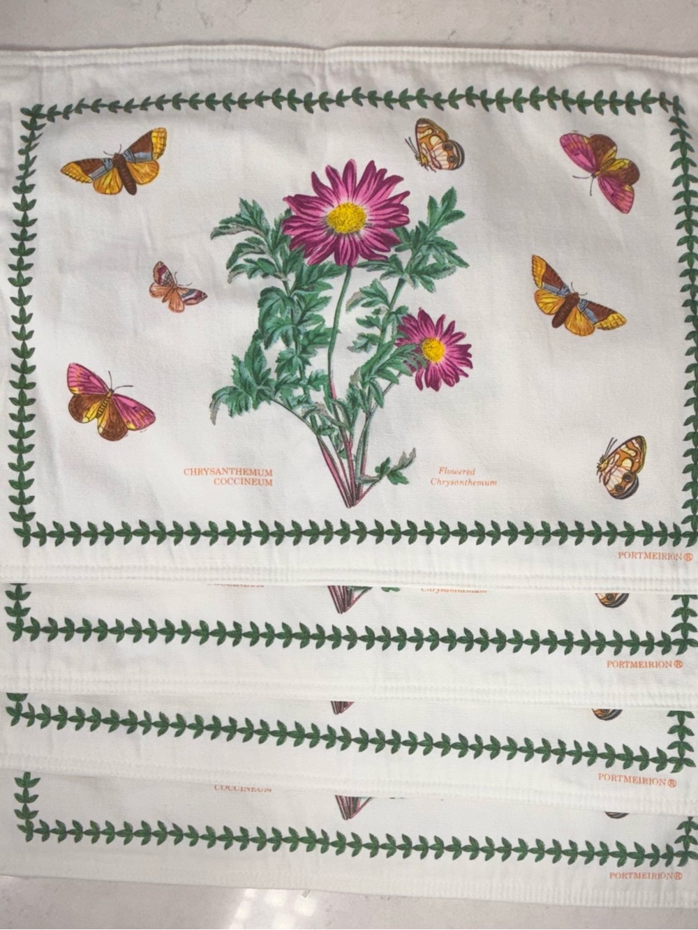 Portmeirion Green & Pink Chrysanthemum cloth placemats double sided set of 4